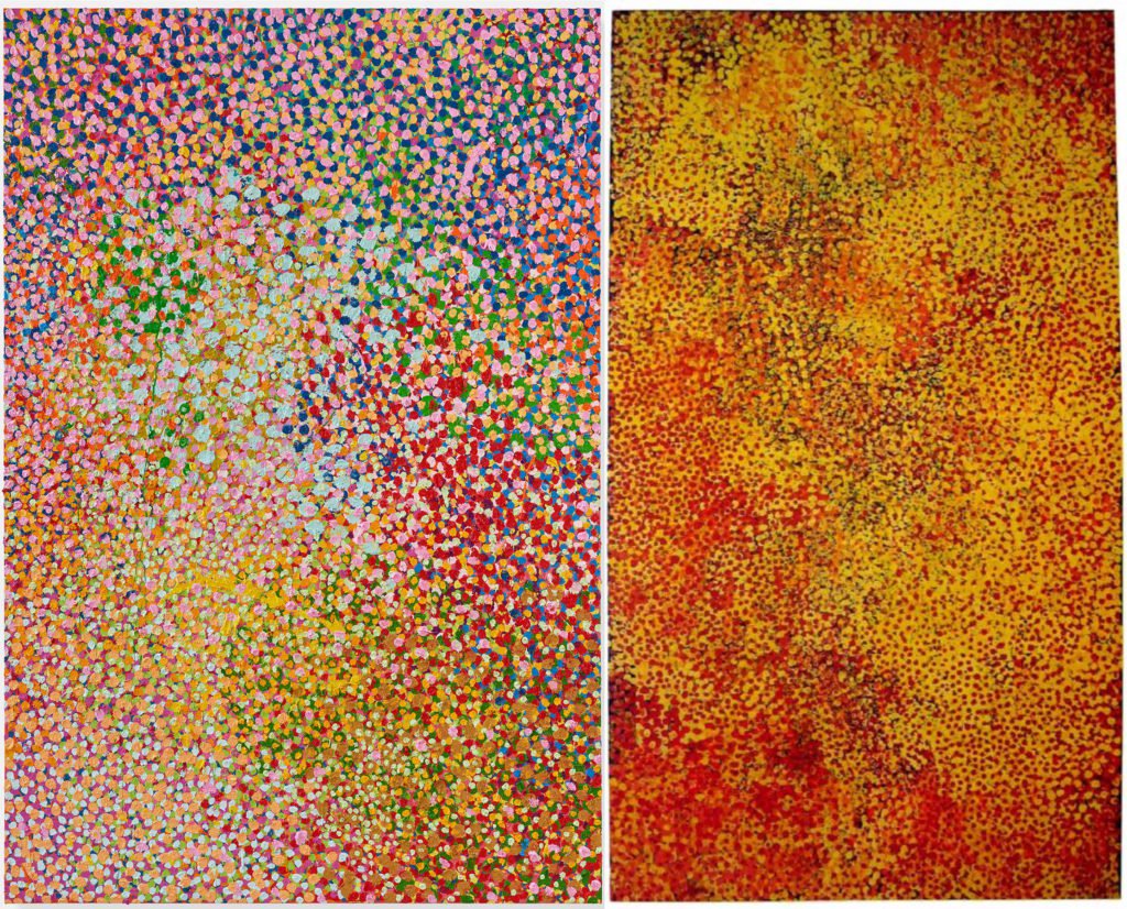 Left, Damien Hirst, Veil of Love??s Secrets (2017). Courtesy of Gagosian Gallery. ©Damien Hirst and Science Ltd. All rights reserved, DACS 2018. Right, Emily Kame Kngwarreye, Untitled (1991). Courtesy of Sotheby's Australia.