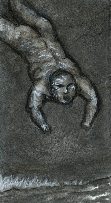 Drawing c.1995 (figure with walking sticks) by Peter Booth at Olsen Gallery