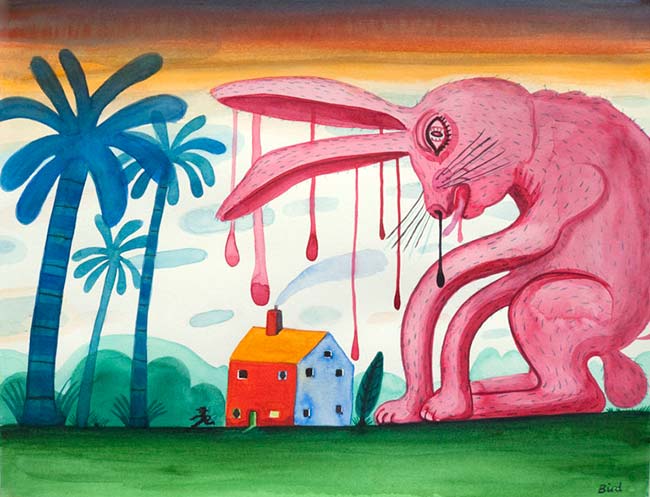 Rabid rabbit with house by Stephen Bird 
