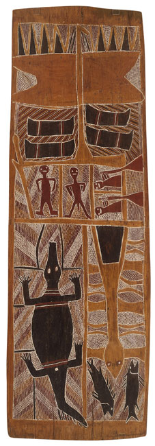 Designs associated with Birimbira (the thunder spirits) by Mungurrawuy Yunupingu at Olsen Gallery