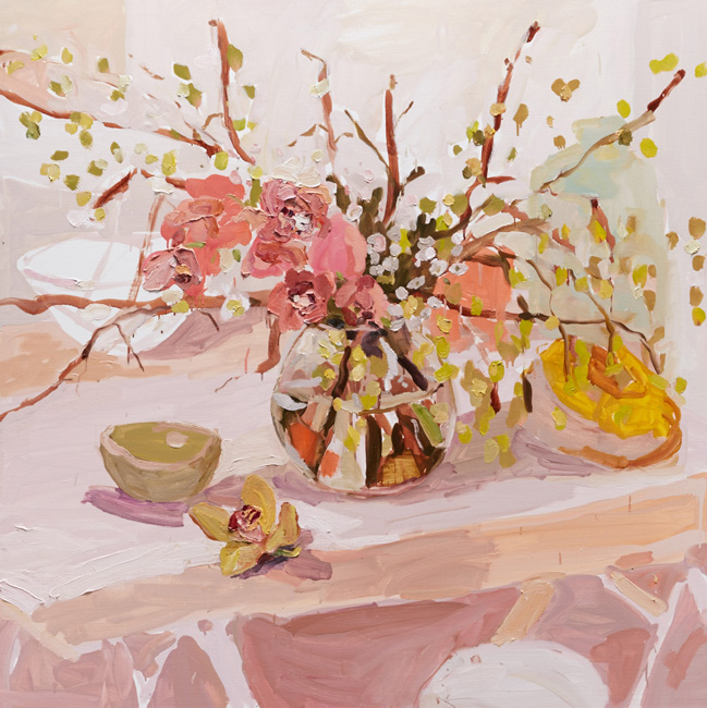 Still life with yellow basket by Laura Jones at Olsen Gallery