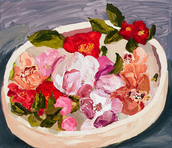 Bowl of camelias by Laura Jones at Olsen Gallery
