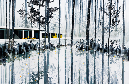Snow Forest Reflection and House by Paul Davies at Olsen Gallery