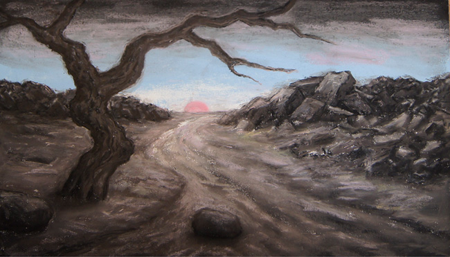 Artwork: Drawing 2012 tree road and pink sun