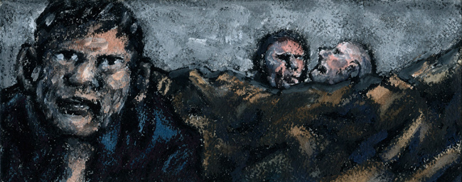 Artwork: Drawing 2011 man and two men behind rock