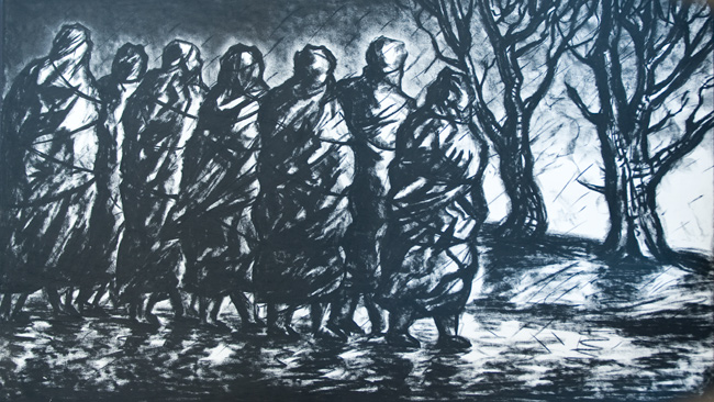 Artwork: Drawing c1995 bound figures in rain