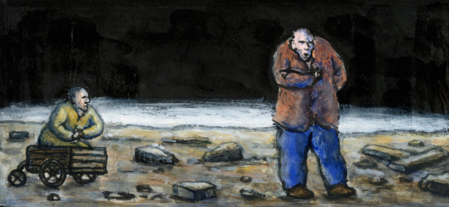 Artwork: Drawing 2000 man in cart and standing man