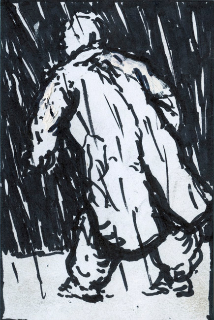 Artwork: Drawing c1995 man in rain