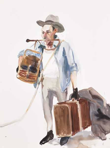 Artwork: Rehearsing Godot Luke Mullins as Lucky with bags and whip