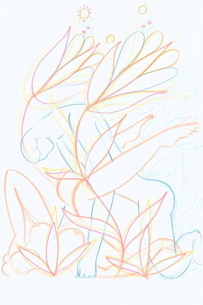 Artwork: Two Lovers Under Giant Flower Blossom line version