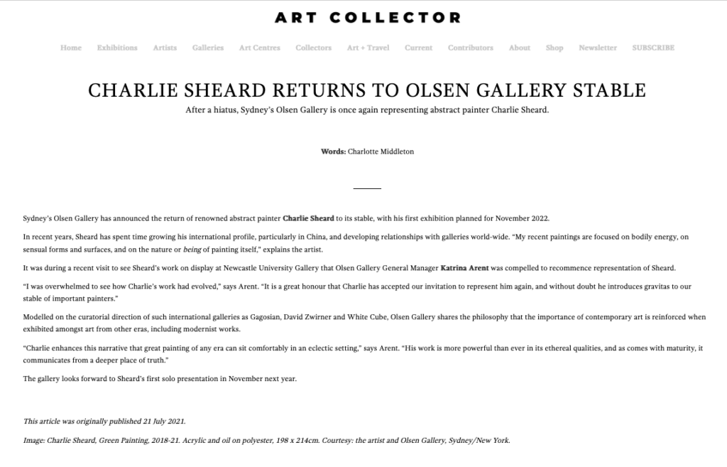 Charlie Sheard returns to Olsen Gallery Stable | Art Collector