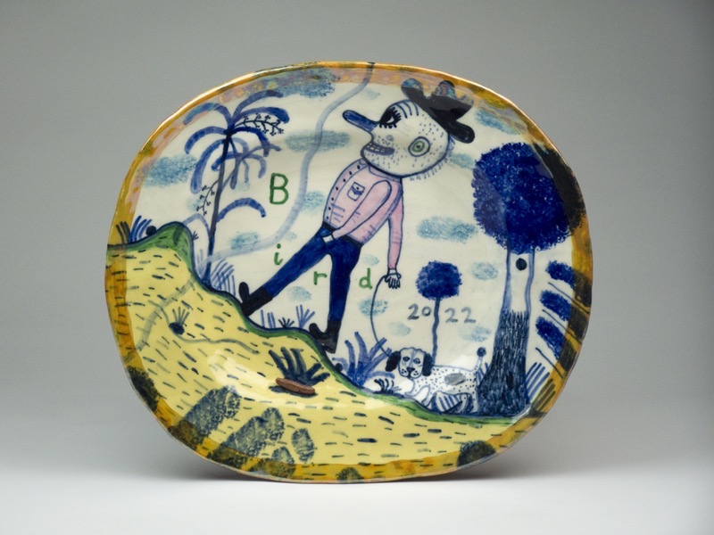 Artwork: Man walking a dog