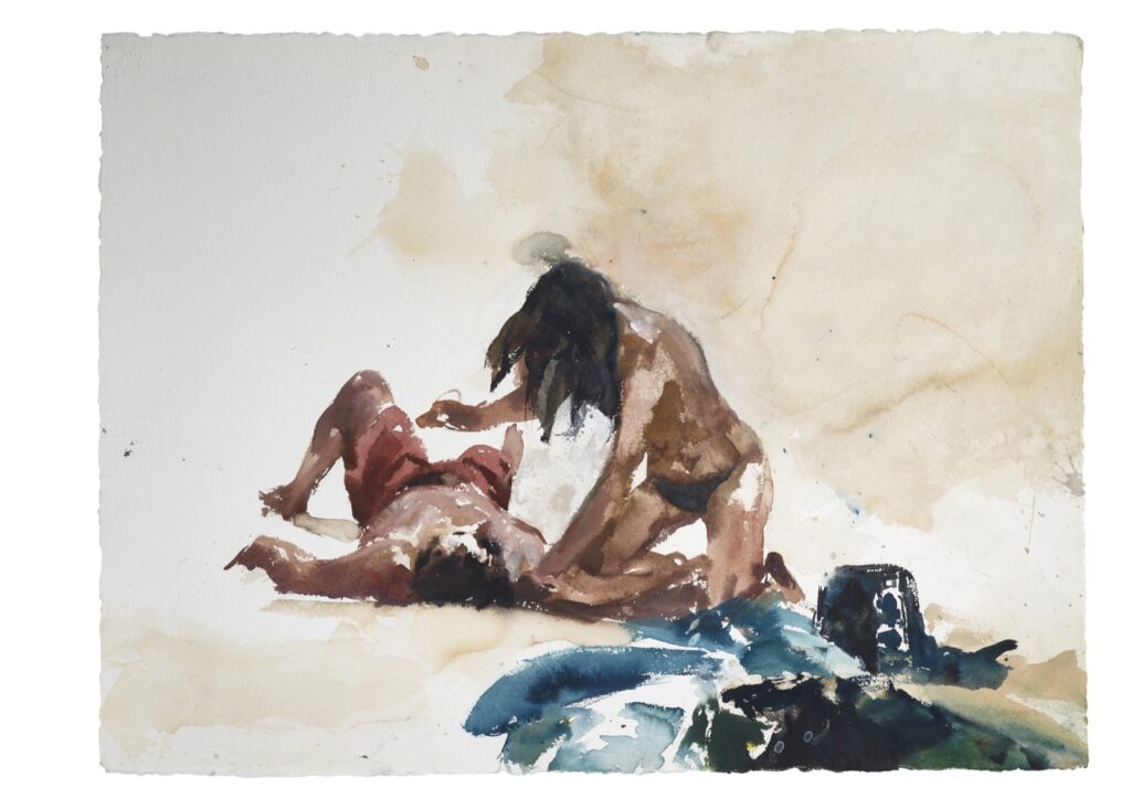 Artwork: Untitled Two beach figures blue towel sunscreen