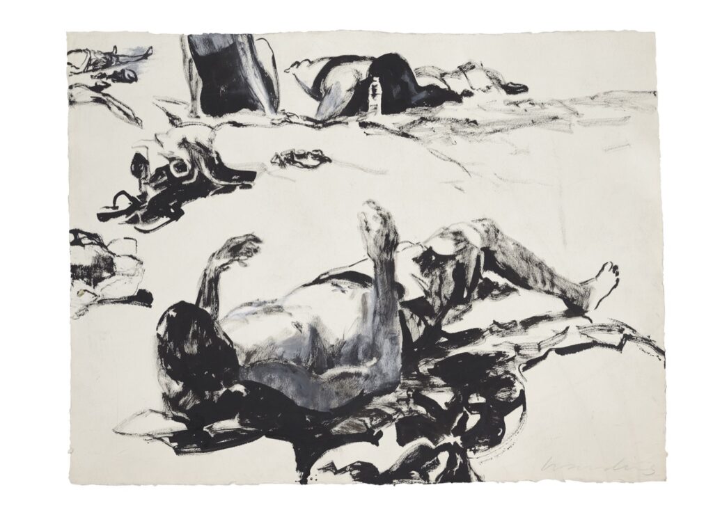 Artwork: Four Figures with towels and water bottle